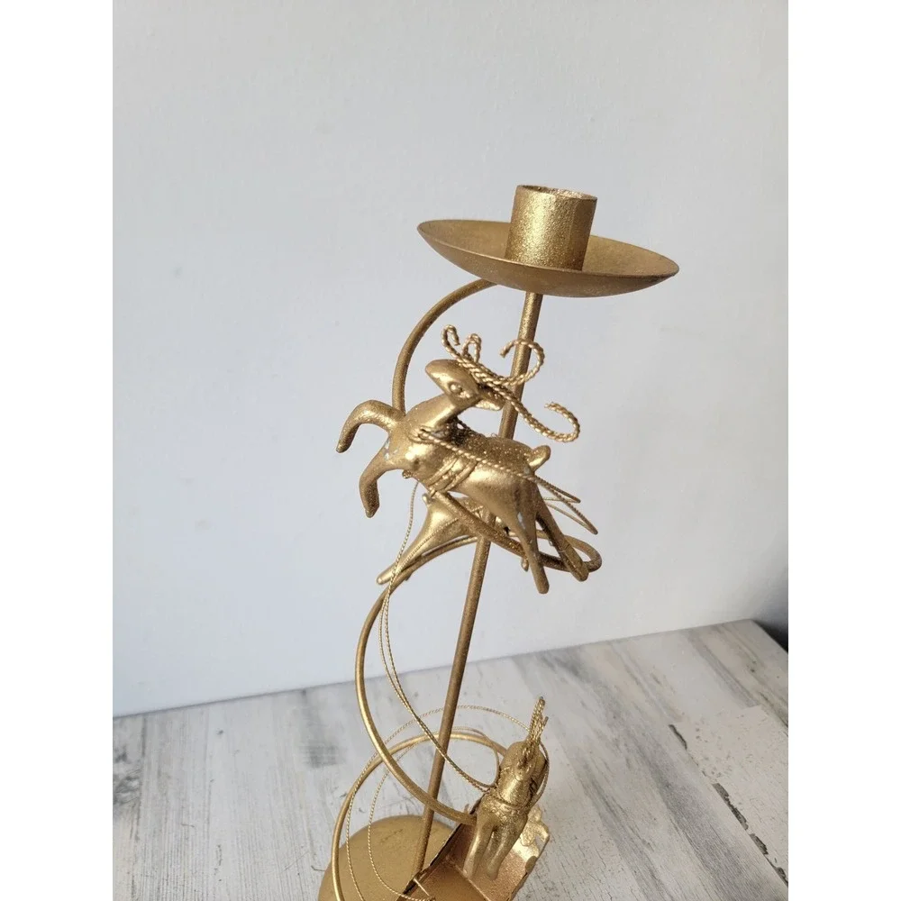 Dept 56 gold medal candlestick holder reindeer‎ Santa Claus Xmas home decor